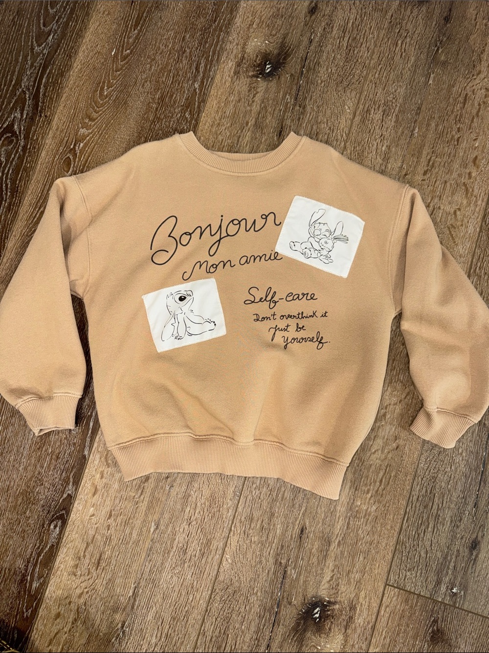 Zara Beige Stitch 'Bonjour Mon Amie' Graphic Crewneck Sweatshirt